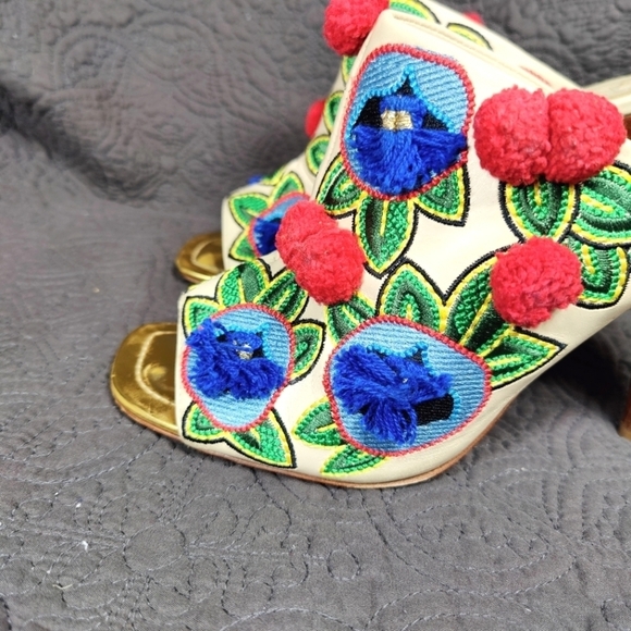 Tory Burch Multicolor Christmas Embroidered Leather Ellis Peep Toe Heel Mule 10M - Picture 6 of 11